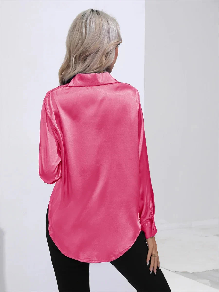 Women's Casual Satin Blouse with Long Sleeves and Turn-Down Collar Solid Color Shirt for Spring and Autumn
