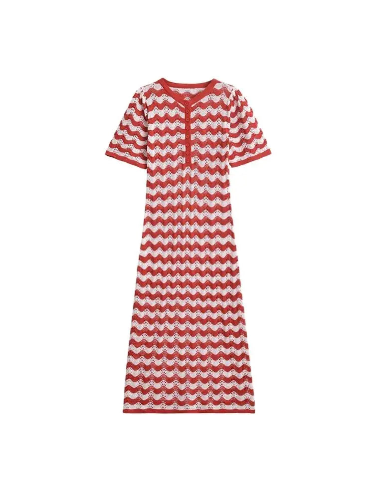 Women's Striped Knit Midi Dress With Front Button O Neck