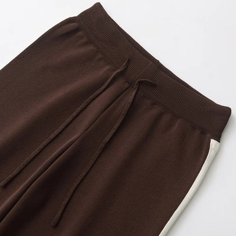 Chic Women's 2 Piece Set Brown Pullover Sweatshirt and Vintage High Elastic Waist Trousers