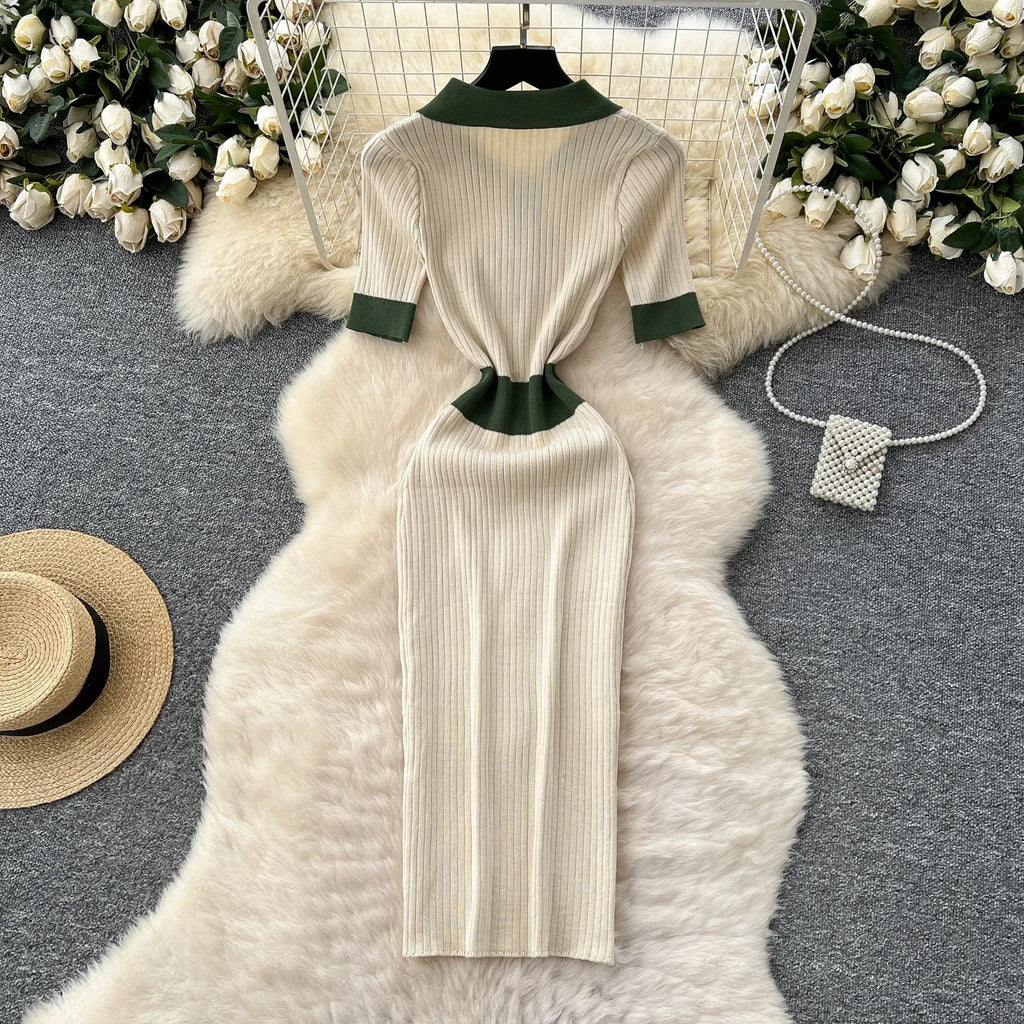 Patchwork Knitted Polo Collar Dress For Women Spring Summer