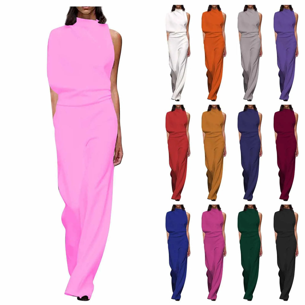 Women Fashion Long Sleeveless Rompers High Neck Wide Leg Overalls Vintage Style Waisted Playsuit Summer Jumpsuit