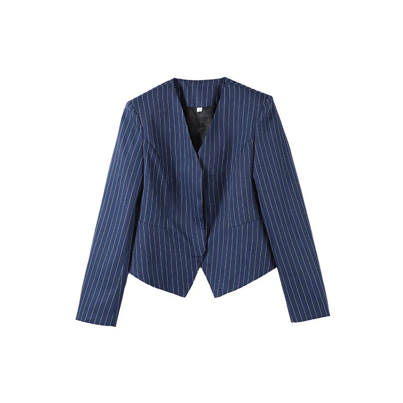 Women's Street Striped Blazer and Skirt Set Slim V-Neck Single Breasted Coat with Ribbon Accent Hip-Hugging Package Skirt Chic Spring Summer Outfit