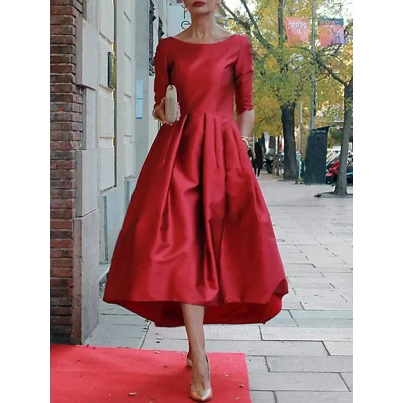 Elegant Banquet Evening Midi Dress Pleated Solid Color