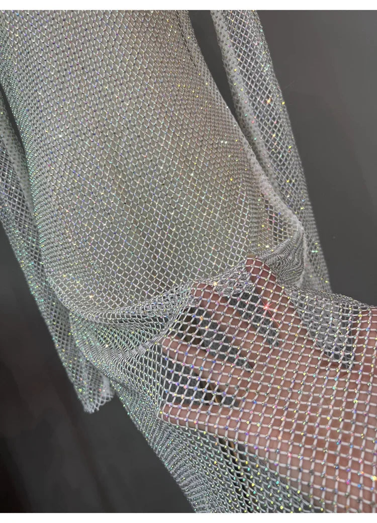 Rhinestone High Neck Glitter Party Dress Mid Length