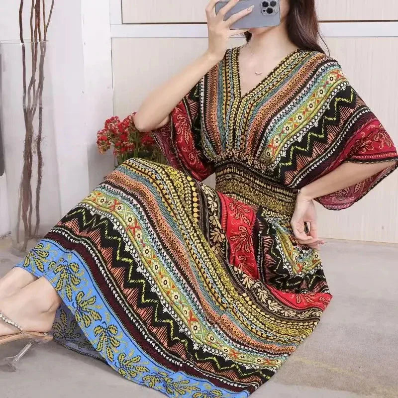 Chic Womens V Neck Vintage Boho Print A Line Dress Style