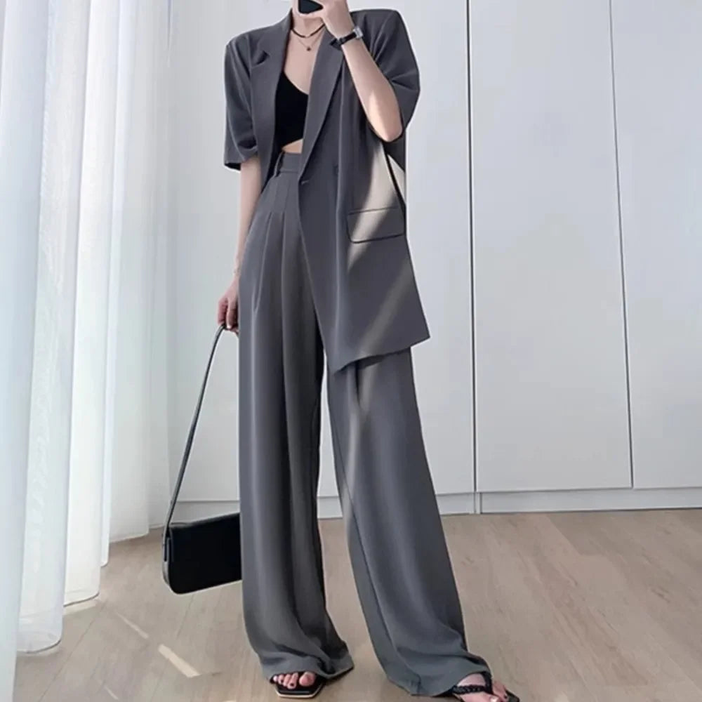 Short Sleeve Wide Leg Pants Blazer Suit Set for Women Summer Business Casual Attire