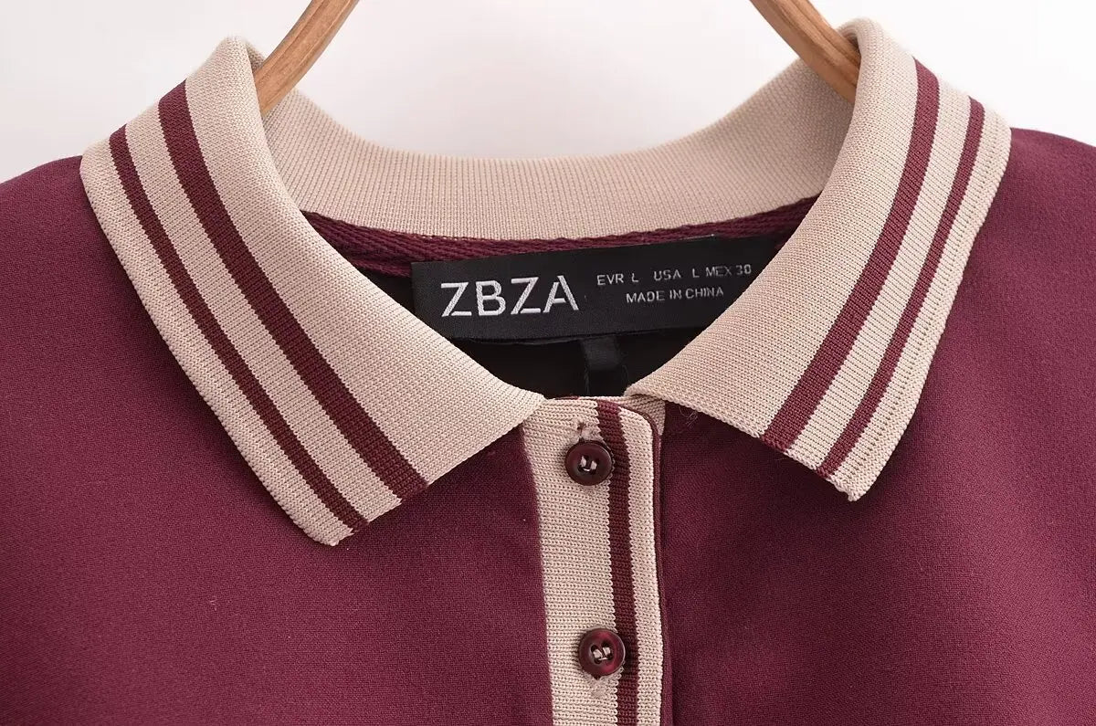 Retro Ribbed Pleated Dress For Women With Contrast Trim