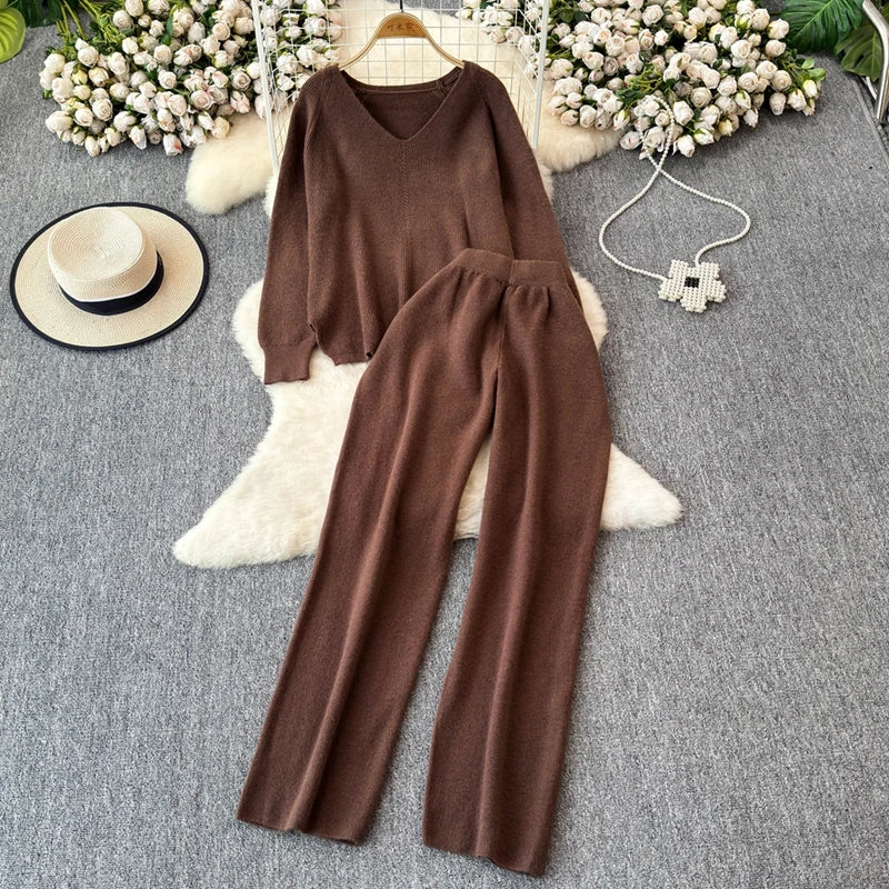 Knitted V-Neck Sweater and Straight Jogging Pants Women's Tracksuit Set