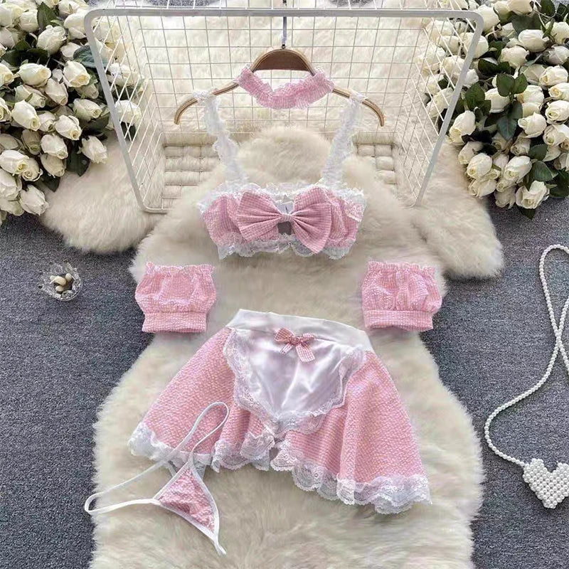 Sexy Maidservant Apron Dress Three Piece Set Lace Trimmed Plaid Cosplay Lingerie Nightwear for Women