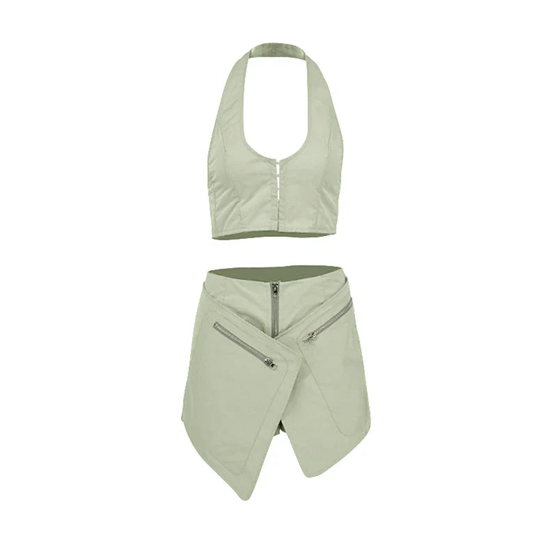 2 Piece Women's Summer Fashion Set V Neck Sleeveless Crop Tank Top and High Waist Shorts Backless Casual Leisure Outfit