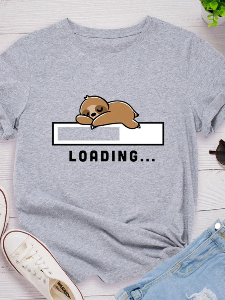 Loading Sloth Print Women T Shirt Short Sleeve O Neck Casual Tee for Ladies