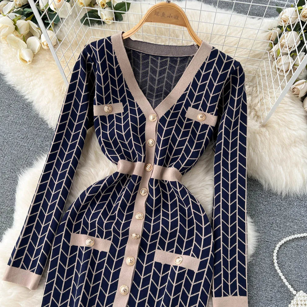 Autumn Plaid Knit Dress Women V Neck Elastic Waist Midi