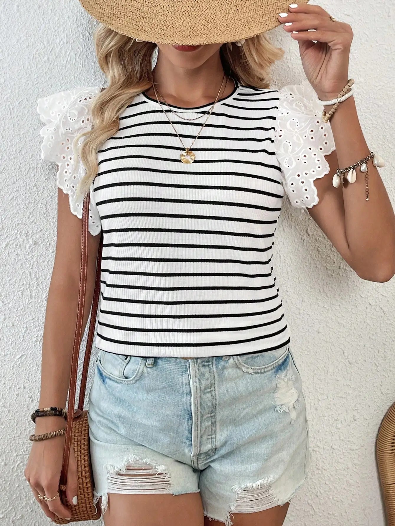 Elegant Women's Casual T-Shirt with Round Neck and Flying Sleeves in Hollow Stripe Design