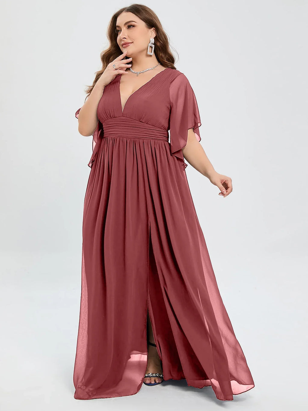Plus Size Chiffon Bridesmaid Dress V Neck Butterfly Sleeve