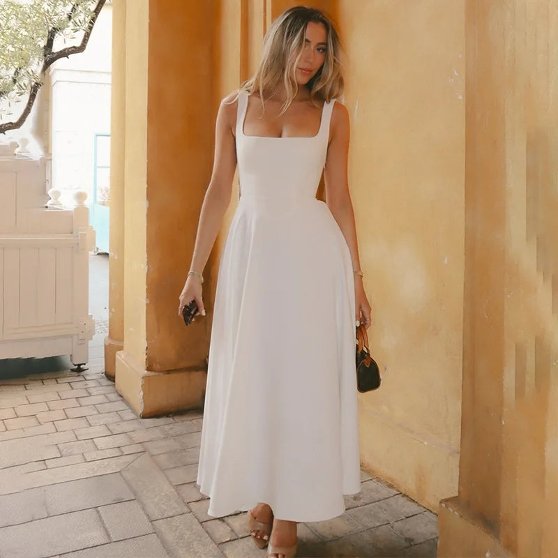 Solid Square Neck Sleeveless Suspender Dress For Women Long