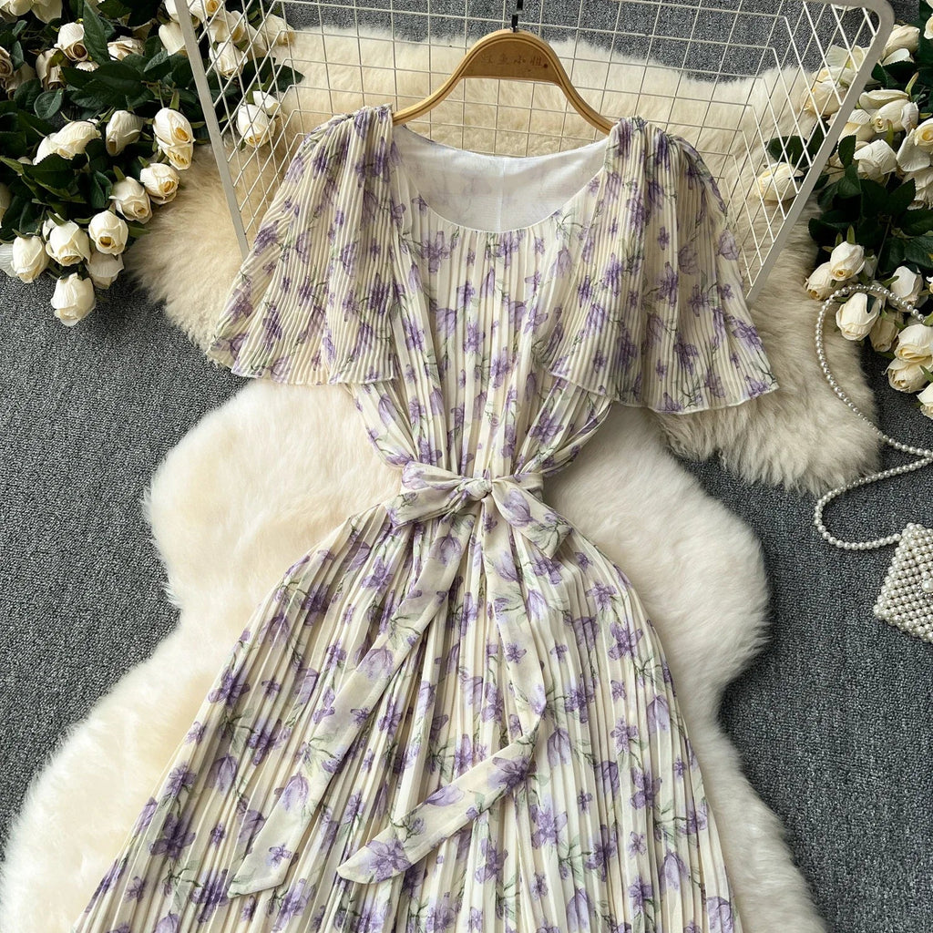 Retro Floral Chiffon Midi Dress With Ruffle Details