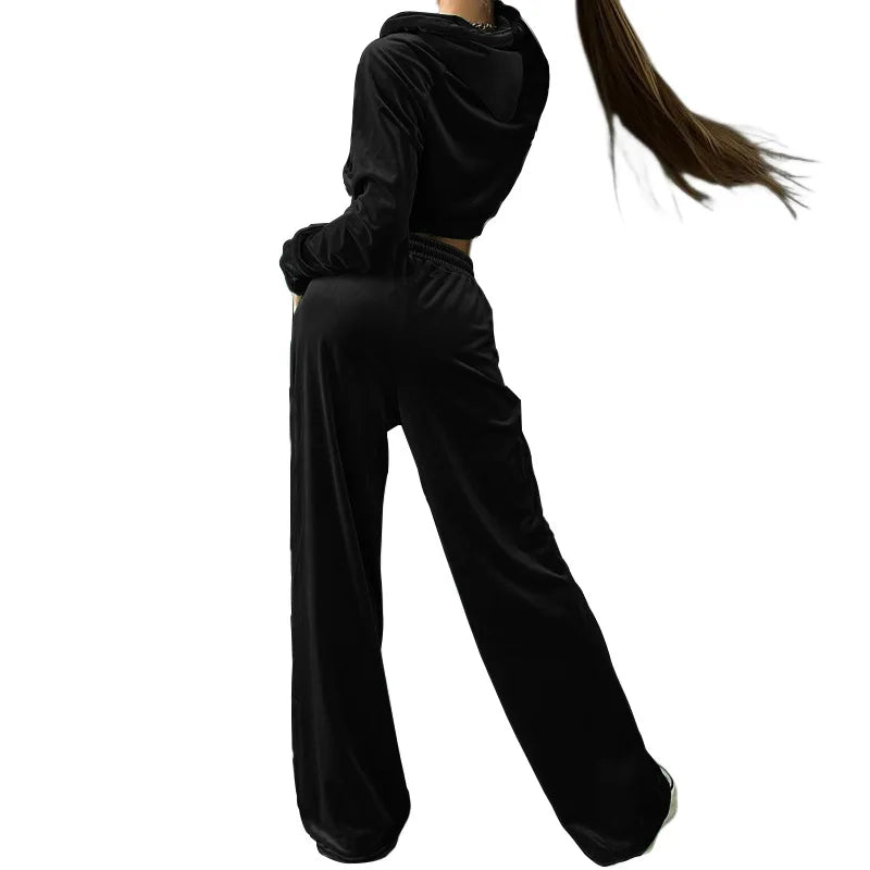 Velvet Tracksuit Women Two Piece Set with Zipper Crop Coat and Long Pants Casual Outfit