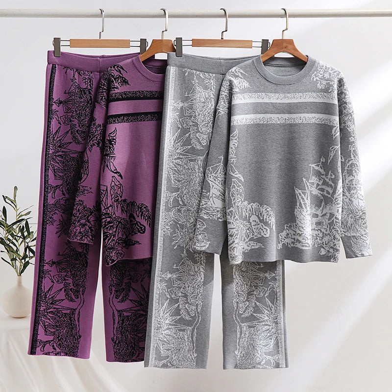 Elegant Women's Loungewear 2 Piece Knit Pants Set with Ink Floral Sweater and Matching Knitted Bottoms