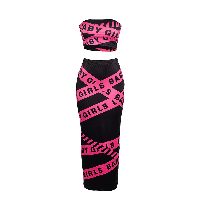 Women's Autumn Two-Piece Set Sleeveless Retro Letter Print Strapless Top with High Waist Slim Skirt Casual Streetwear Outfit