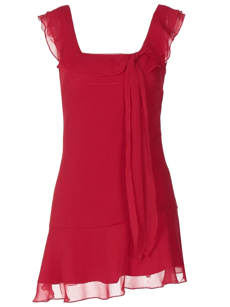 Sexy Tassels Patchwork Chiffon Mini Dress Sleeveless Zipper