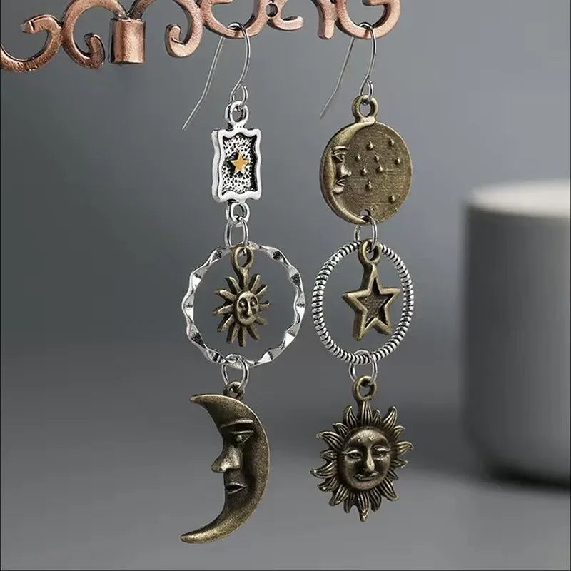 Creative Retro Asymmetrical Star and Moon Pendant Earrings for Women