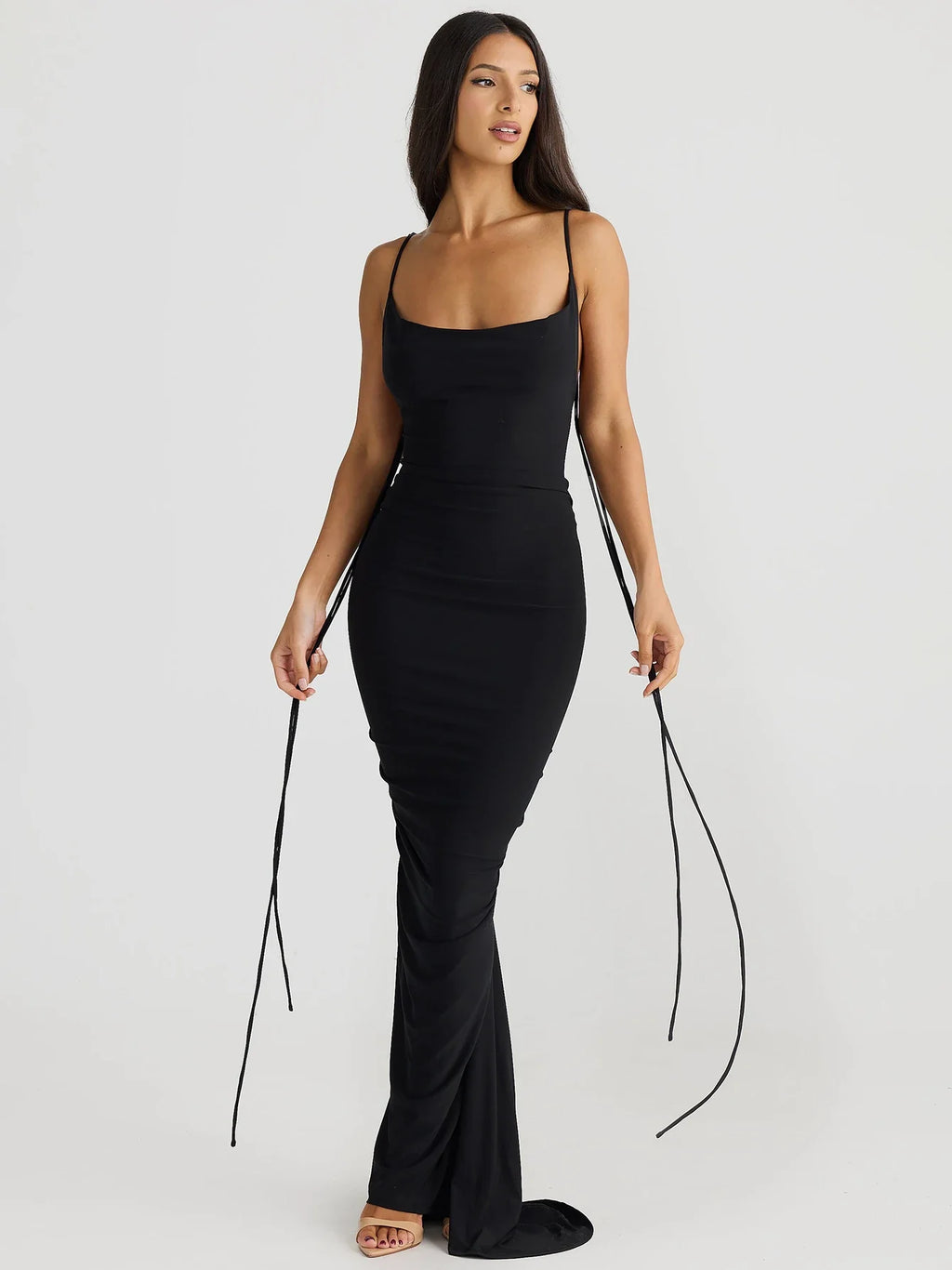 Backless Maxi Dress With Lace Up Spaghetti Straps Evening