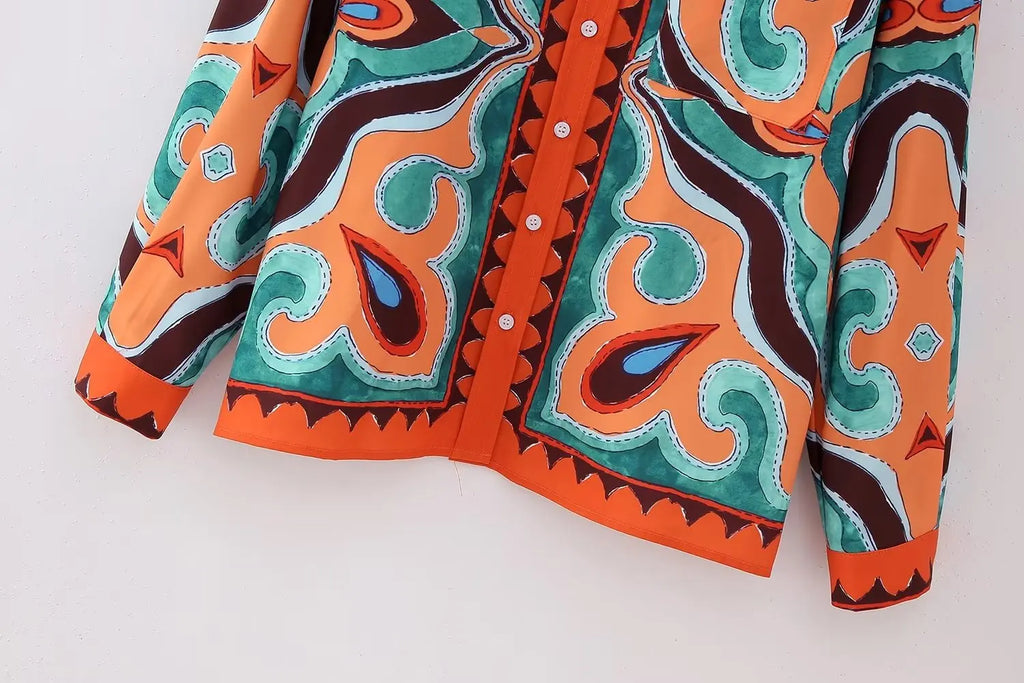 Women Vintage Long Sleeve Blouse with Abstract Print Casual Shirt Top