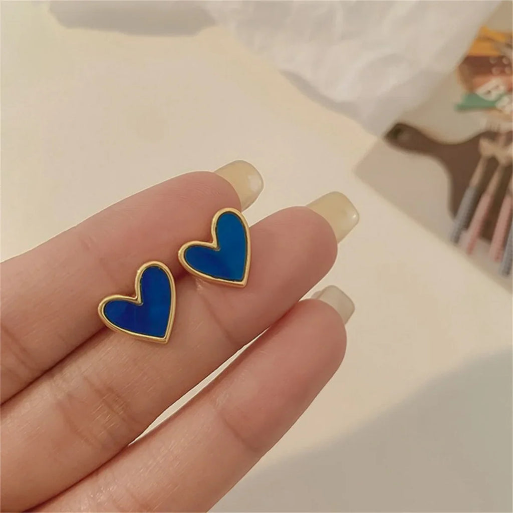 Korean Cute Heart Stud Earrings for Women with Blue Glaze Aesthetic Geometric Design Minimalist Jewelry Gift