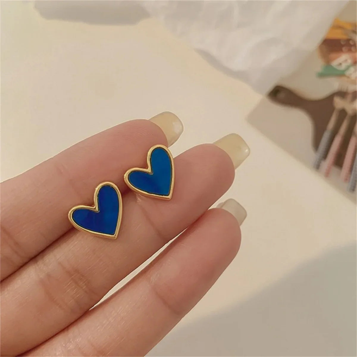 Korean Cute Heart Stud Earrings for Women with Blue Glaze Aesthetic Geometric Design Minimalist Jewelry Gift