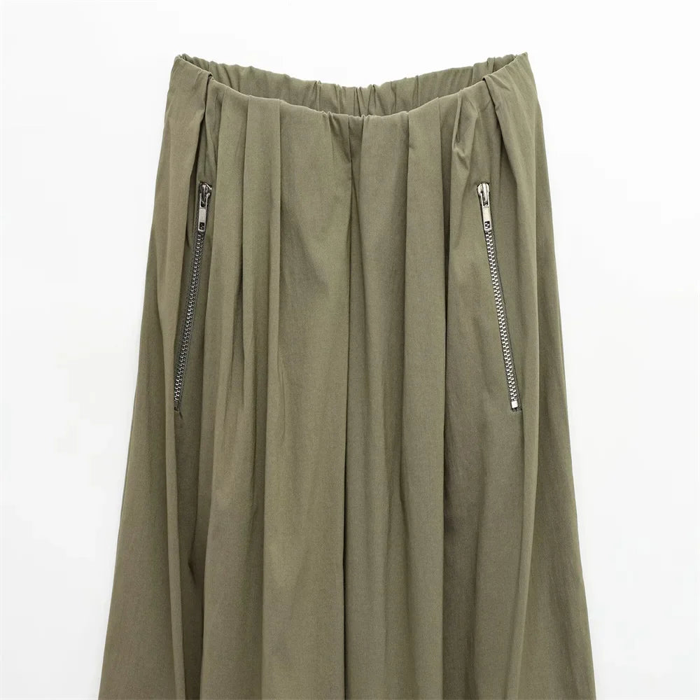 Olive Green Cowl Neck Asymmetric Zip Jacket with Elastic Waist Wide Leg Cargo Pants Set for Trendy Women's Fashion