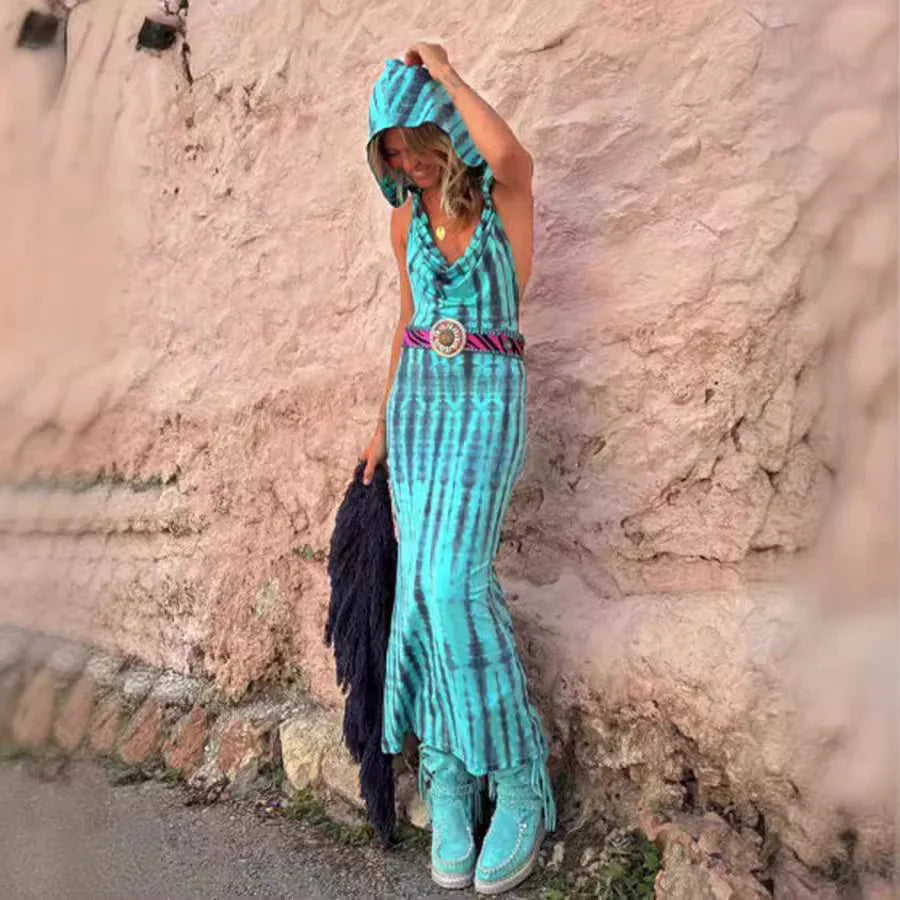 Open Back Maxi Dress Hooded Tie Dye Ethnic Style Chic