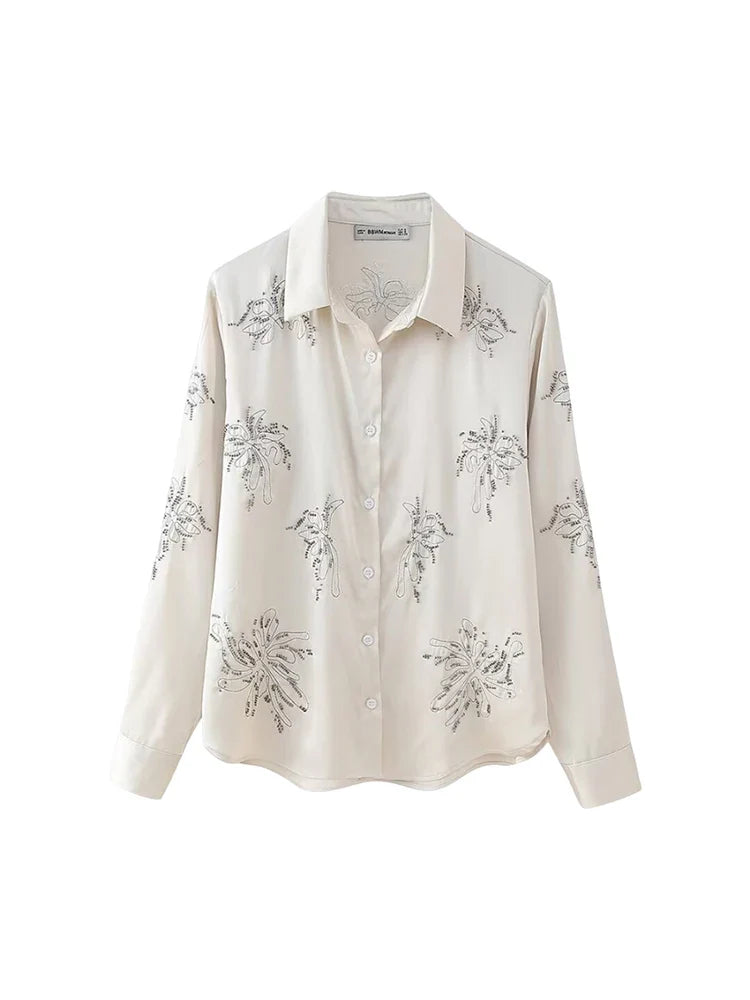 Women's Beaded Embroidery Long Sleeve Shirt and Loose Trousers Set with Lace Up Details