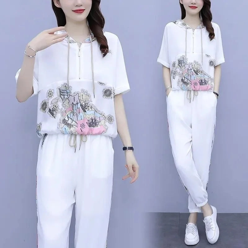 Women's Casual Two Piece Set with Hooded T-Shirt and Contrast Printed Pants for Spring and Summer Fashion