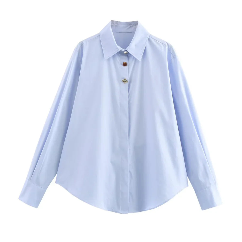 Women's Casual Long Sleeve Shirt Loose Fit Button Detail Poplin Collar Versatile Simple Everyday Style