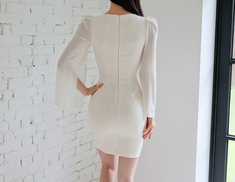 Korean White Sheath Dress With Flare Sleeves For Work