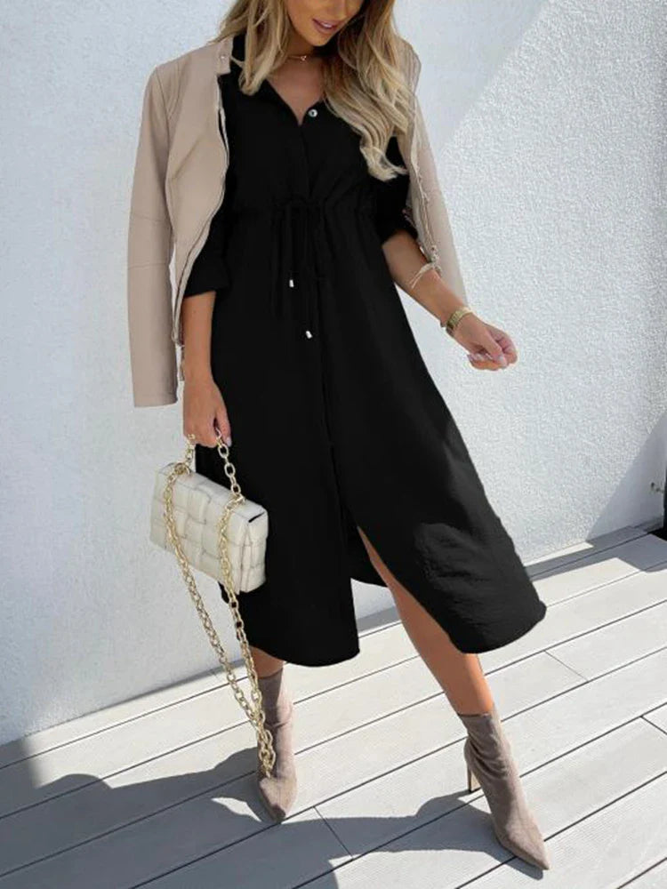 Women's Lace Up Waist Dress Mid Sleeve Aline Solid Color