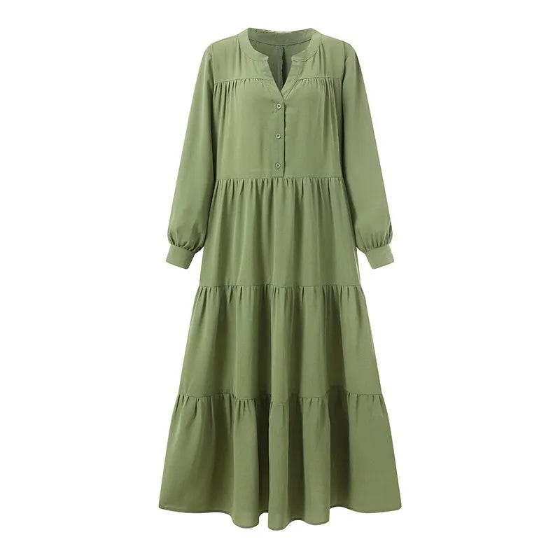 Womens Long Sleeve Swing Dress Cotton Hemp Casual Elegant