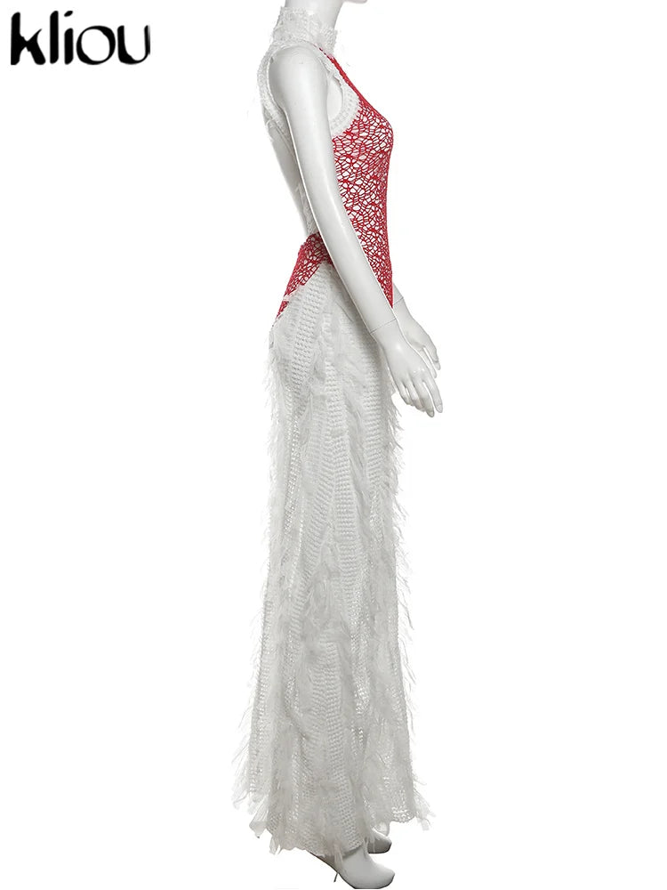 Backless Crochet Maxi Dress With Stand Collar And Pleats