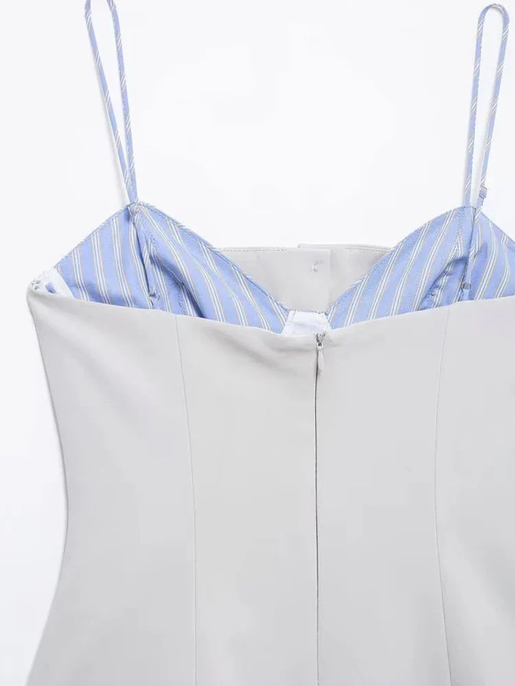 Patchwork Mini Dress With Adjustable Straps Front Buttons