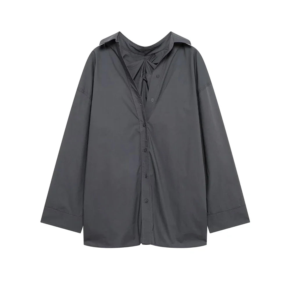 Oversized Pleated Back Long Sleeve Button-Up Shirt for Women Chic Fashion Blouse Top