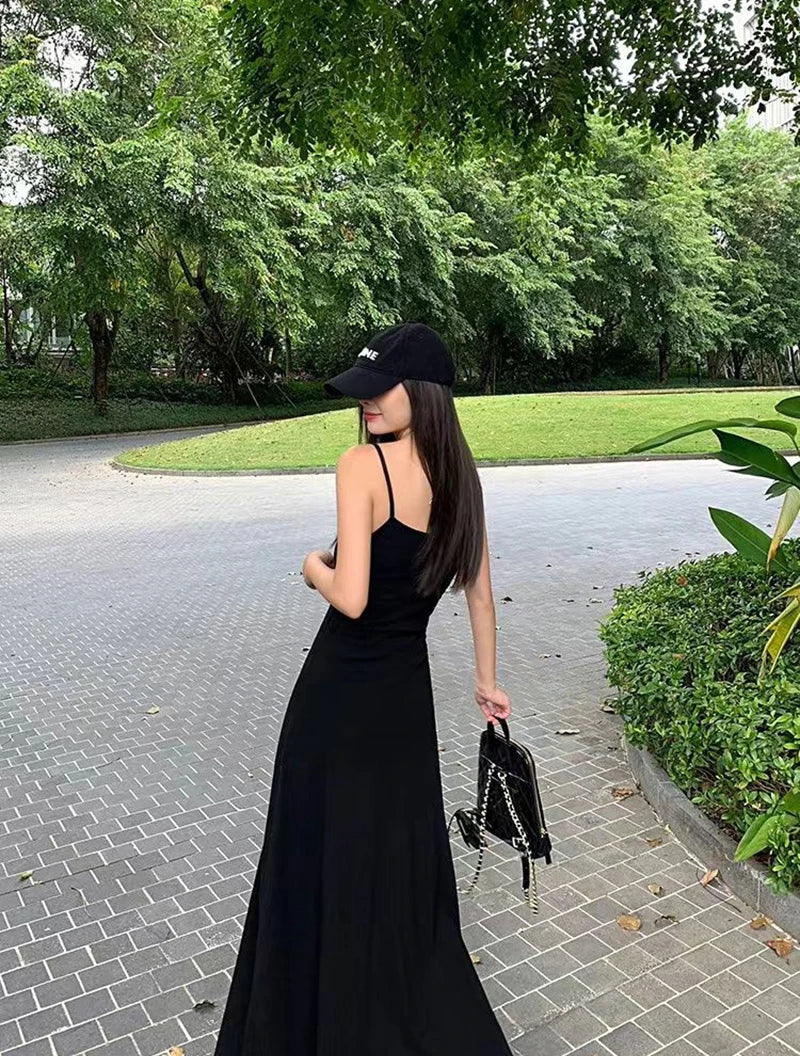 Y2K Black Strap Long Dress Sleeveless Bodycon Sundress