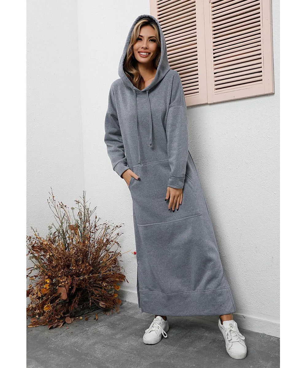 Cozy Knitted Hooded Long Dress With Large Pocket Women