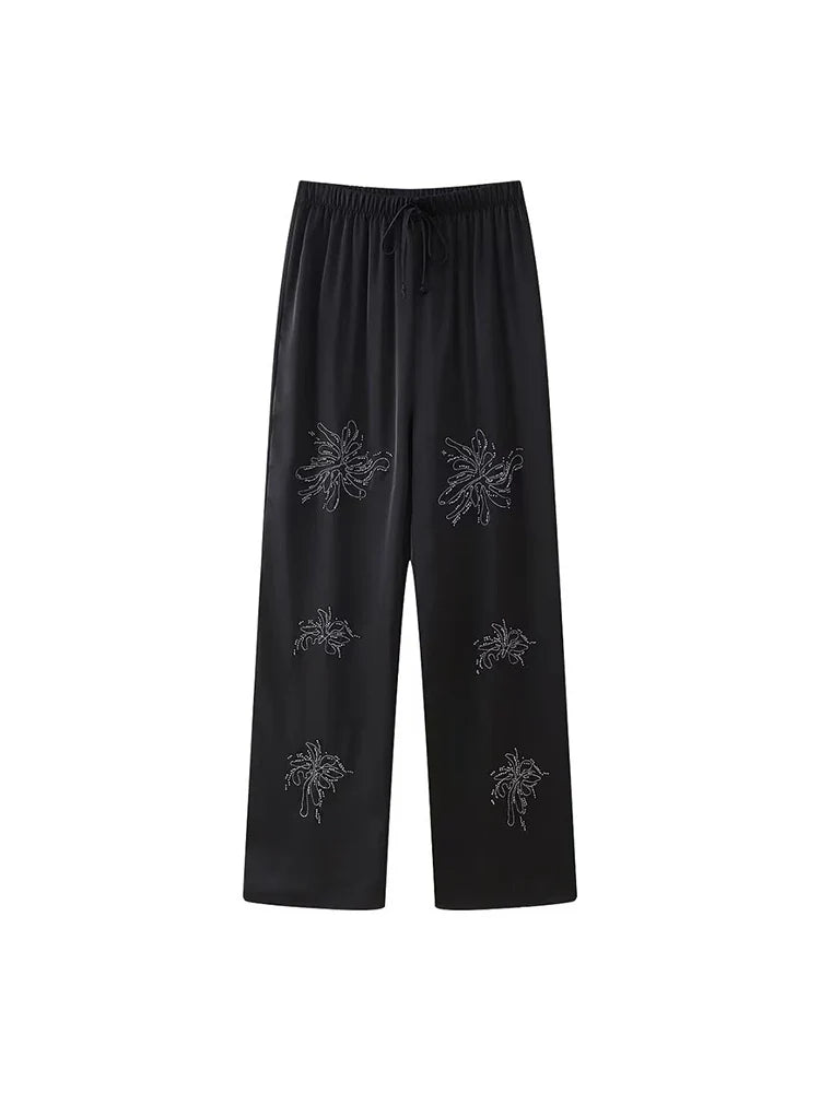 Women's Beaded Embroidery Long Sleeve Shirt and Loose Trousers Set with Lace Up Details