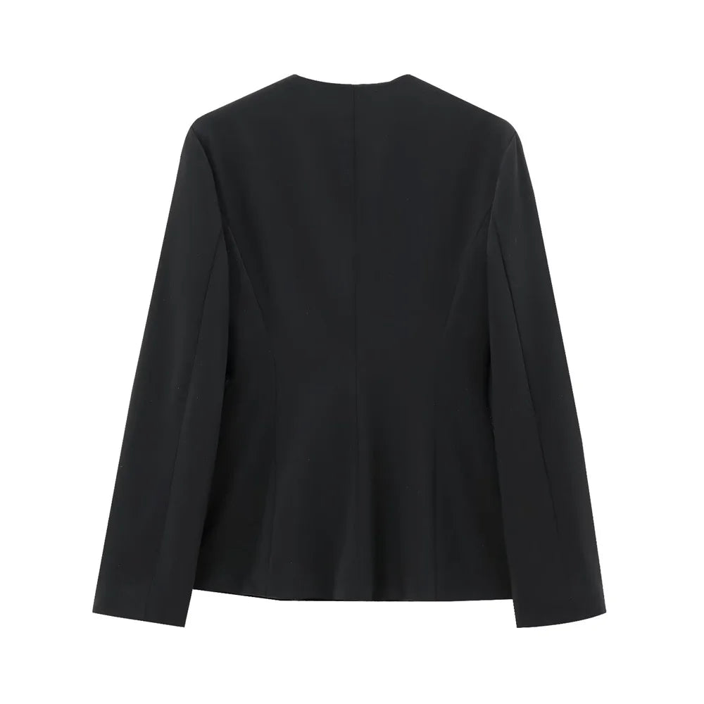 Casual Women's Long Sleeve Round Neck Suit Coat with High Waist Trumpet Pants Set