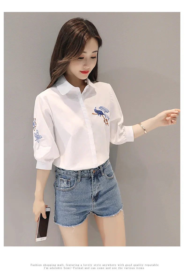 Embroidered Five-Point Sleeve Summer Shirt for Women Lightweight Lapel Casual Top with Elegant Literary Style and Versatile Temperament