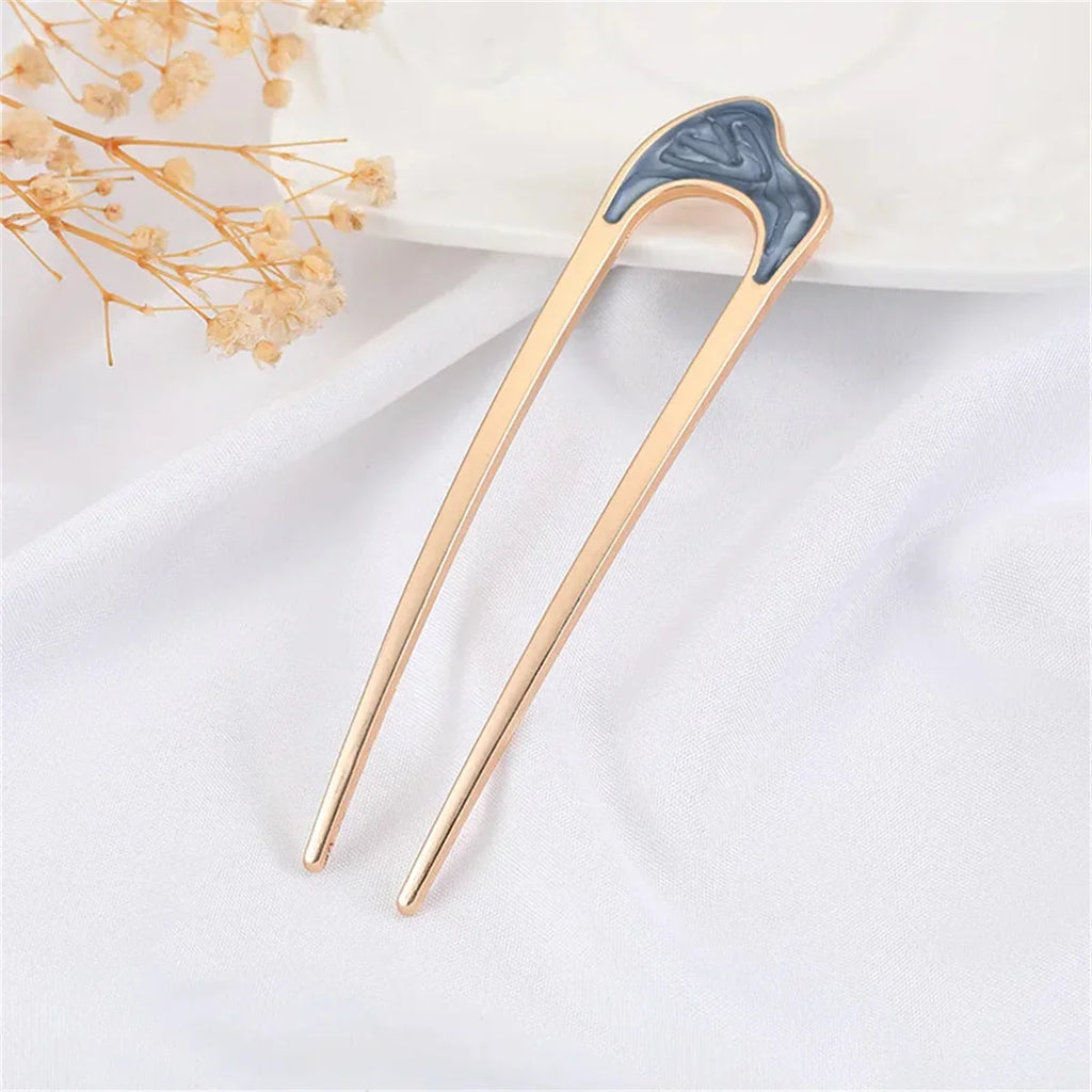 Elegant U Shape Hair Stick for Women in Silver and Gold Color with Shell Enamel Design