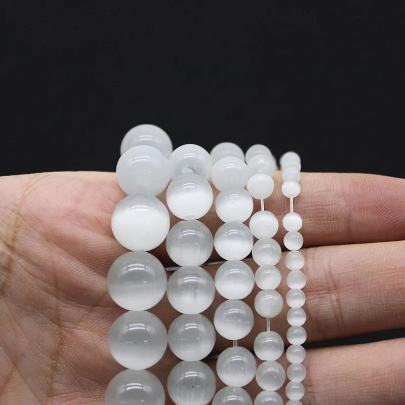 Natural Moonstone Beads White Cat Eye Round Loose Beads for Jewelry Making DIY Bracelet 15 Inch Strand