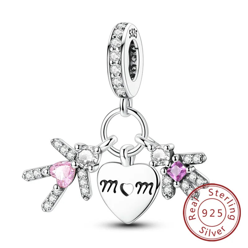 925 Sterling Silver Love Heart Family Charm Bead Pendant for Women's Bracelet Jewelry Gift