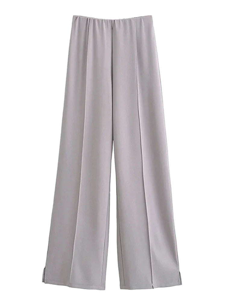 Women's Two Piece Crop Top and Wide Leg Trouser Set with Long Sleeve Round Neck Coat for Spring Streetwear