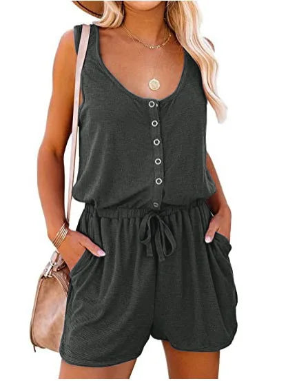 Sleeveless Summer Jumpsuit for Women with Waist Tie Casual Loose Fit Wide Leg Shorts
